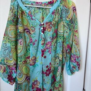 Women's Floral Paisley Top - Turquoise and Pink